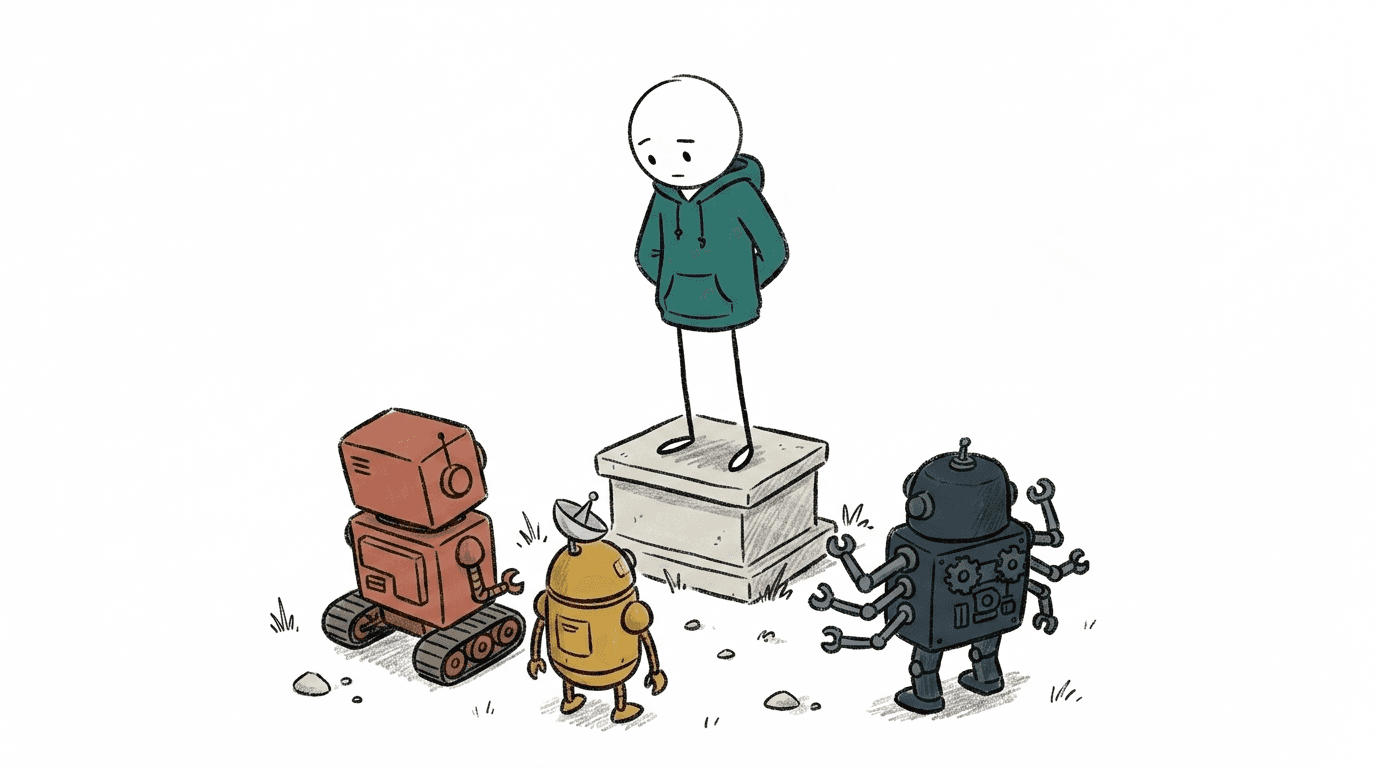 Illustration of a person facing several robots